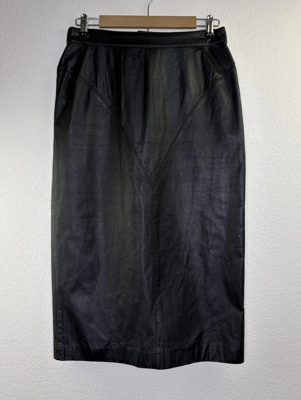Vintage Greg Adams 80's Black Leather Button Split Skirt 13/14